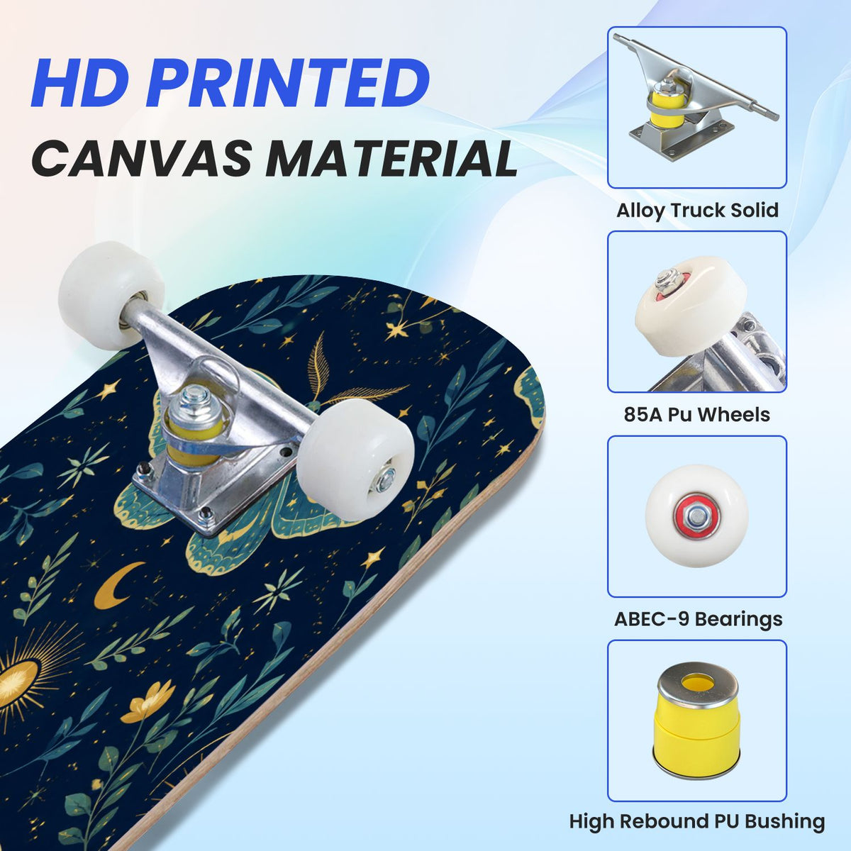 31"x8" Complete Skateboards for Beginners, Blue Moth Moonlight Flowers Mushrooms Forest Double Kick 7 Ply Canadian Maple Deck Skateboard with Wheels, Gifts for Kids Teens