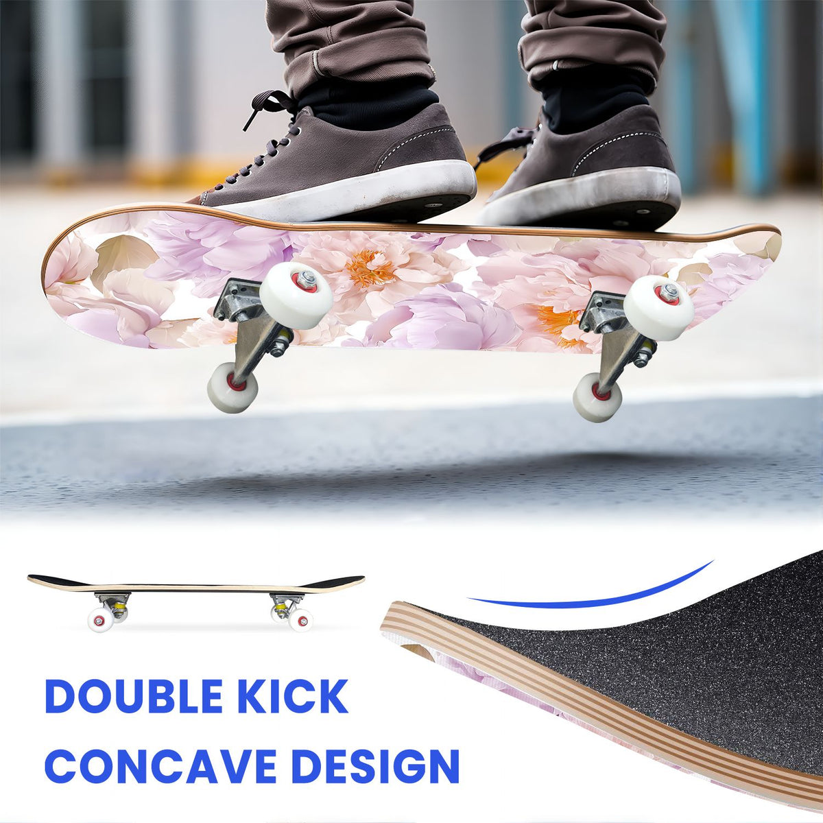 31"x8" Complete Skateboards for Beginners, Elegant Peony Floral Soft Pink White Tones Neutral Double Kick 7 Ply Canadian Maple Deck Skateboard with Wheels, Gifts for Kids Teens