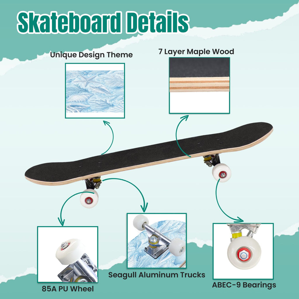 Modern Botanical Watercolor Pink Gold Mint Navy Leaves 31" x 8" Complete Skateboard, 7-Ply Canadian Maple Double Kick Trick Board for Kids and Beginners Adult Gifts