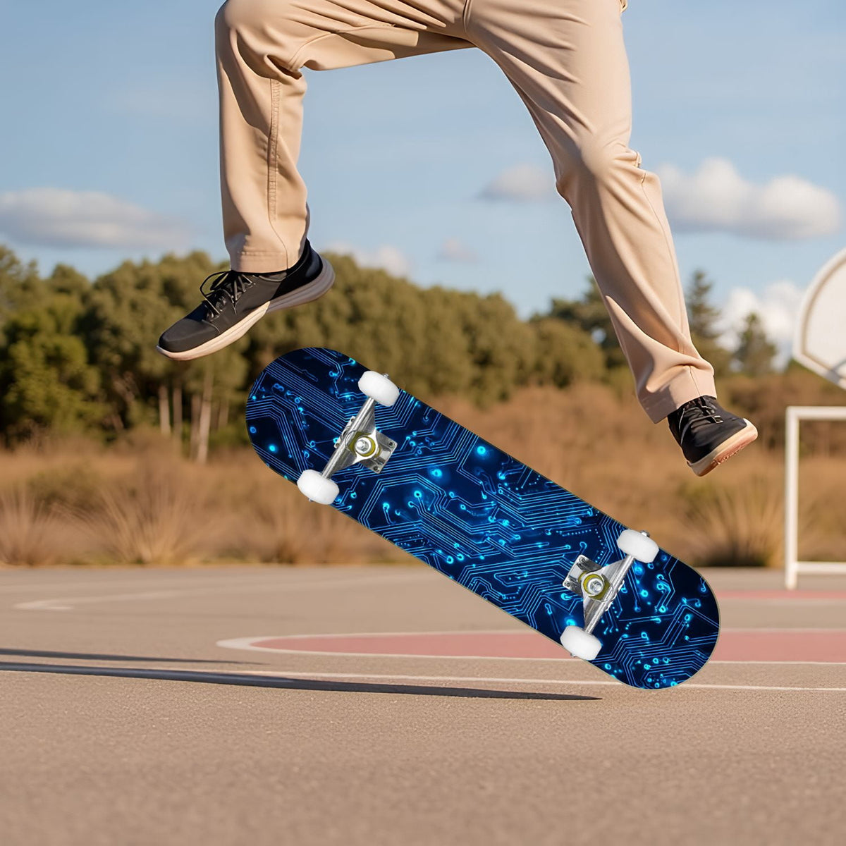Futuristic Blue Abstract Technology Glowing Core 31" x 8" Complete Skateboard, 7-Ply Canadian Maple Double Kick Trick Board for Kids and Beginners Adult Gifts