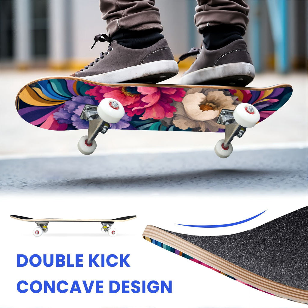 31"x8" Complete Skateboards for Beginners, Turquoise Flowers Teal Daisy Flower Butterfly Blue Romantic Double Kick 7 Ply Canadian Maple Deck Skateboard with Wheels, Gifts for Kids Teens