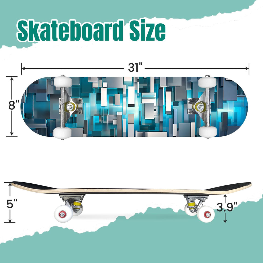 Glowing Futuristic Cubic Tunnel Metallic Tiles Bright Light 31" x 8" Complete Skateboard, 7-Ply Canadian Maple Double Kick Trick Board for Kids and Beginners Adult Gifts