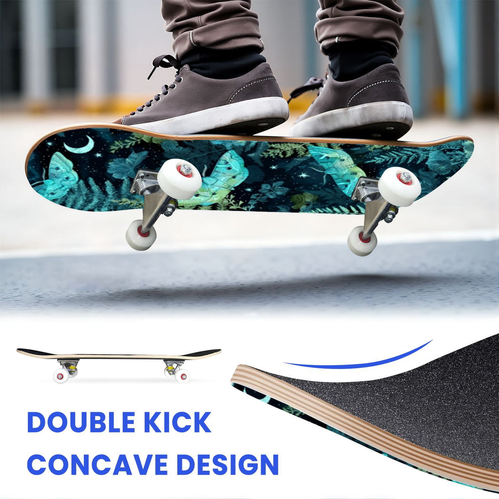 31"x8" Complete Skateboards for Beginners,Whimsical Blue Butterflies Green Foliage Dark Night Fantasy Double Kick 7 Ply Canadian Maple Deck Skateboard with Wheels, Gifts for Kids Teens