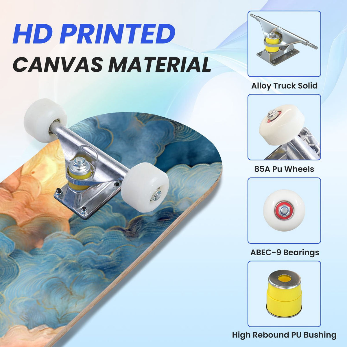 31"x8" Complete Skateboards for Beginners, Cute Light Blue Sky Cartoon Summer Decor Double Kick 7 Ply Canadian Maple Deck Skateboard with Wheels, Gifts for Kids Teens
