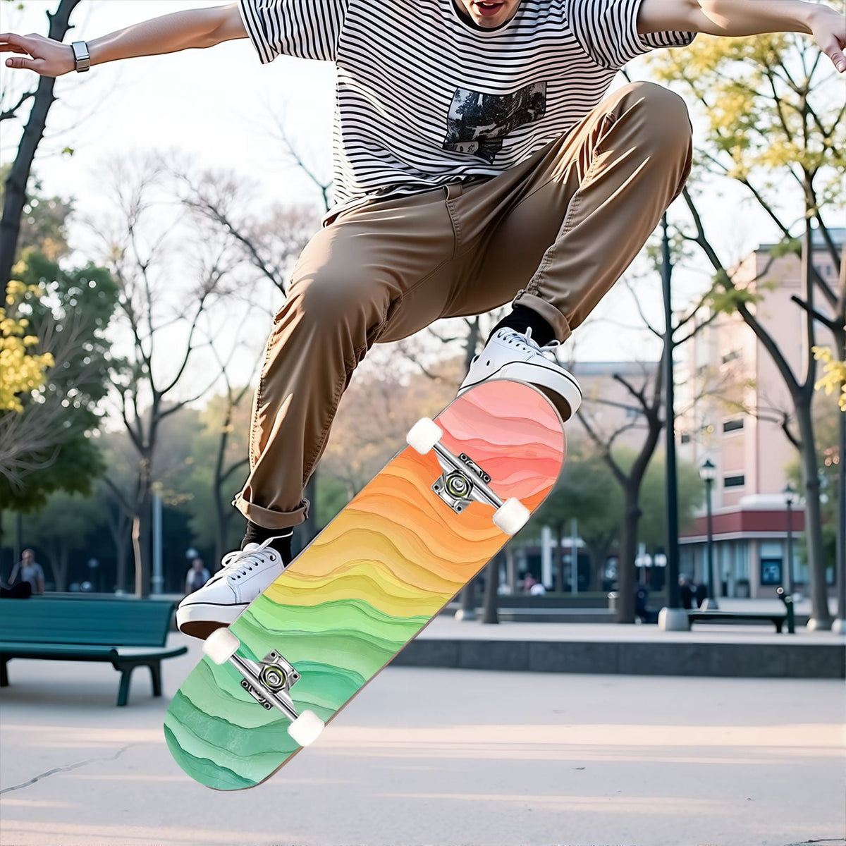 31"x8" Complete Skateboards for Beginners,Watercolor Watermelon Slices Pink Striped Double Kick 7 Ply Canadian Maple Deck Skateboard with Wheels, Gifts for Kids Teens