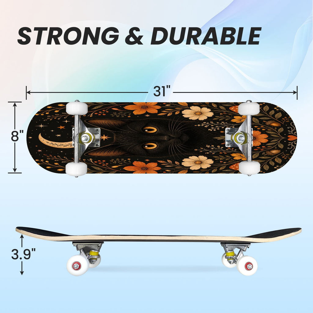 31"x8" Complete Skateboards for Beginners,Vintage Botanical Skull Flowers Elements Dark Double Kick 7 Ply Canadian Maple Deck Skateboard with Wheels, Gifts for Kids Teens