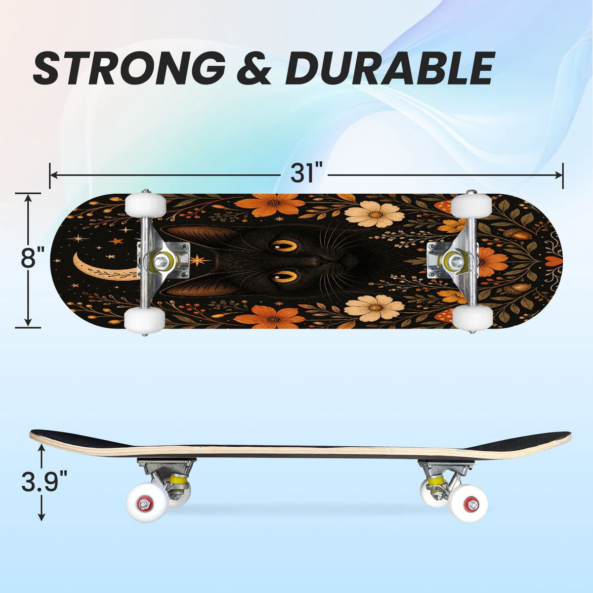 31"x8" Complete Skateboards for Beginners,Vintage Botanical Skull Flowers Elements Dark Double Kick 7 Ply Canadian Maple Deck Skateboard with Wheels, Gifts for Kids Teens
