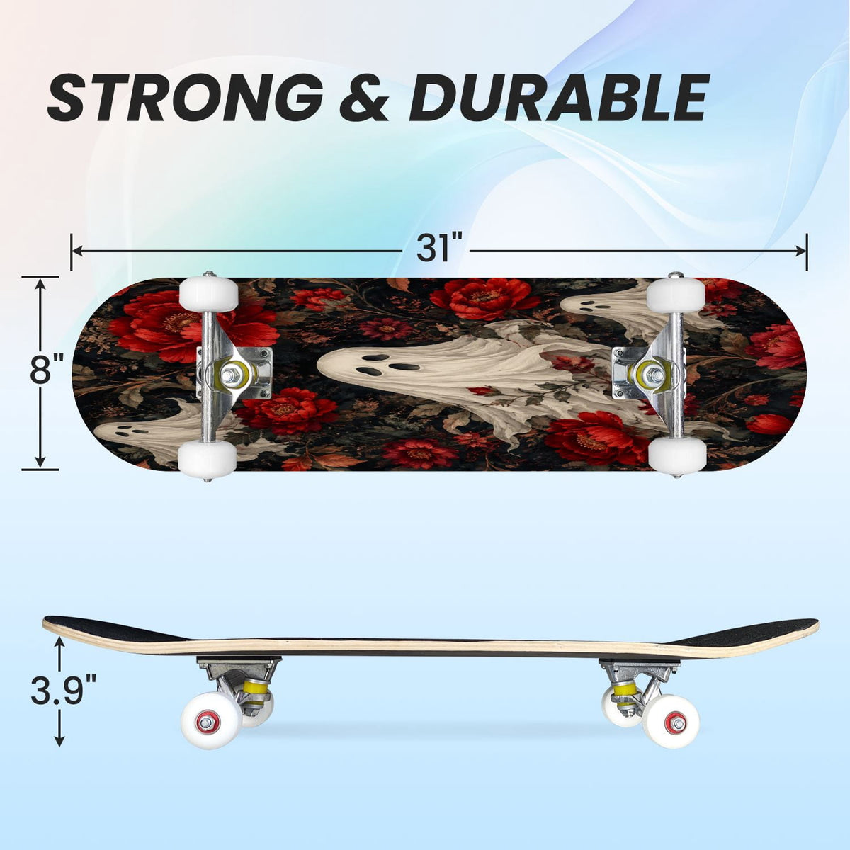 31"x8" Complete Skateboards for Beginners,Halloween Themed Pumpkins Witch Hats Spooky Double Kick 7 Ply Canadian Maple Deck Skateboard with Wheels, Gifts for Kids Teens