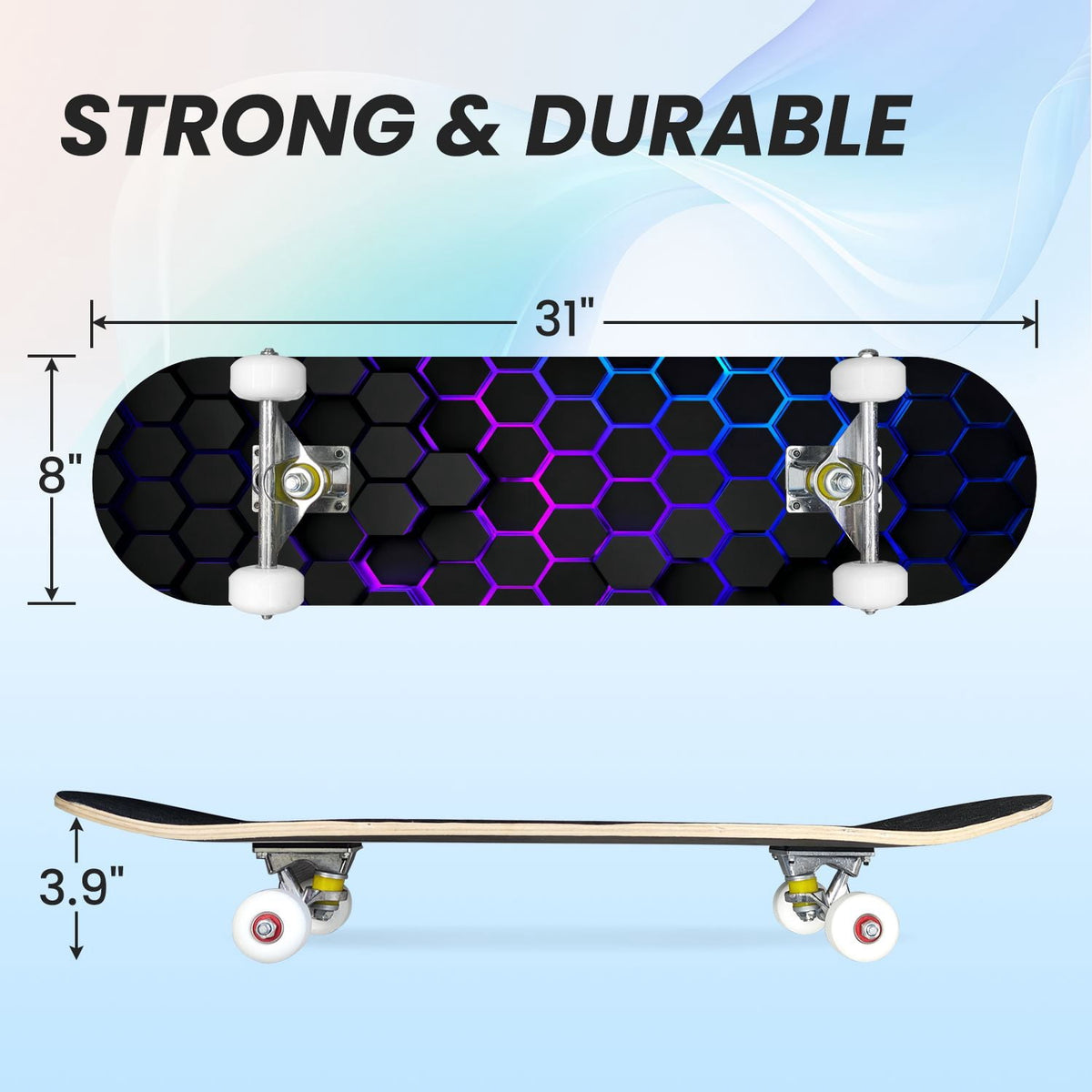 31"x8" Complete Skateboards for Beginners,Geometric Hexagon Glowing Neon Blue Purple Double Kick 7 Ply Canadian Maple Deck Skateboard with Wheels, Gifts for Kids Teens