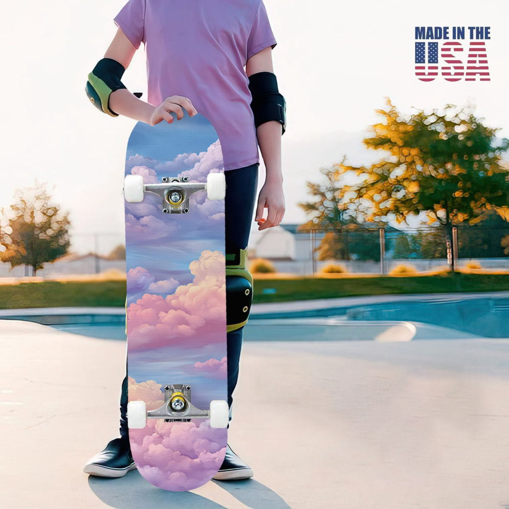 31"x8" Complete Skateboards for Beginners, Pastel Sky Fluffy Clouds Pink Purple Blue Summer Decor Double Kick 7 Ply Canadian Maple Deck Skateboard with Wheels, Gifts for Kids Teens
