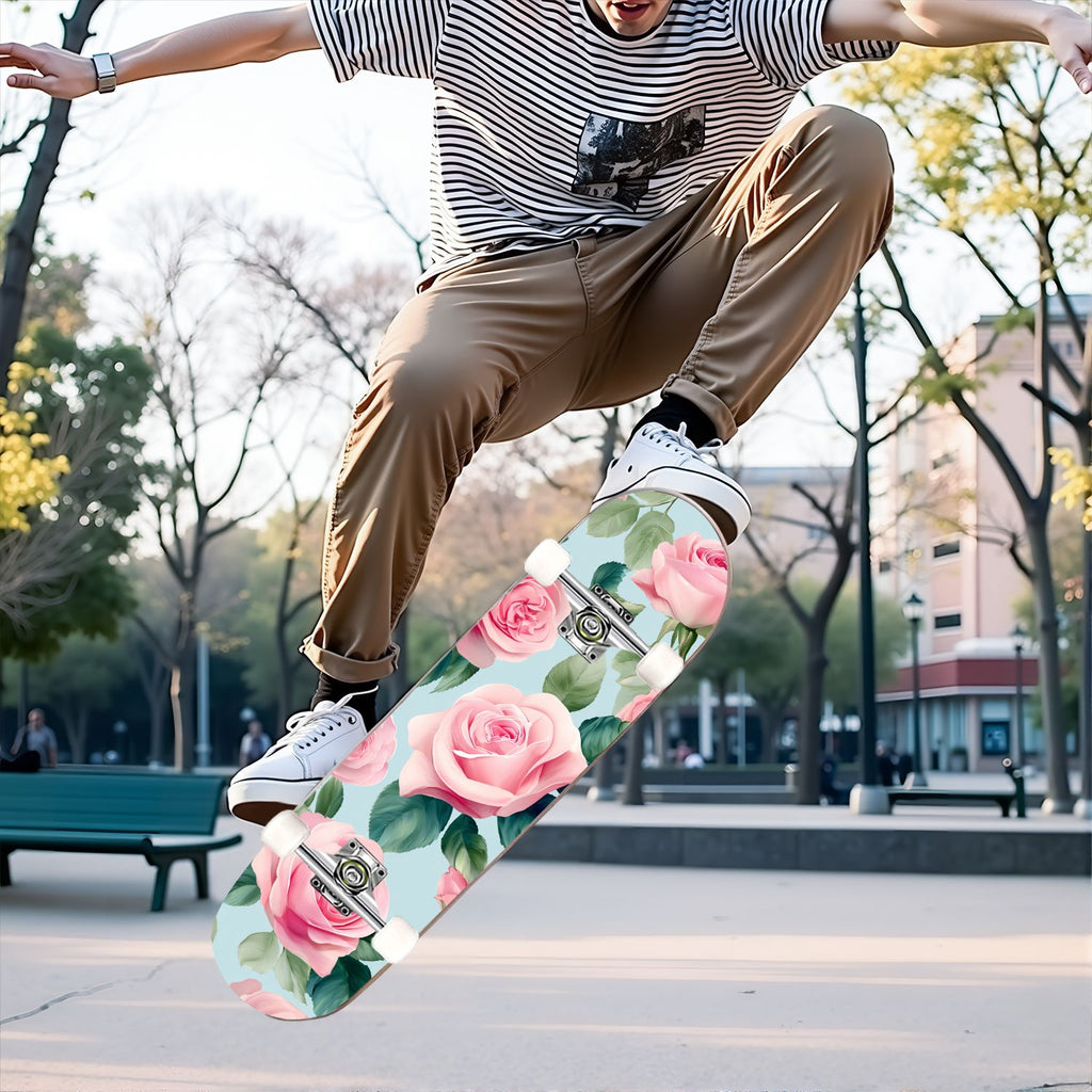 31"x8" Complete Skateboards for Beginners, Elegant Pink Red Roses Green Leaves Dark Double Kick 7 Ply Canadian Maple Deck Skateboard with Wheels, Gifts for Kids Teens