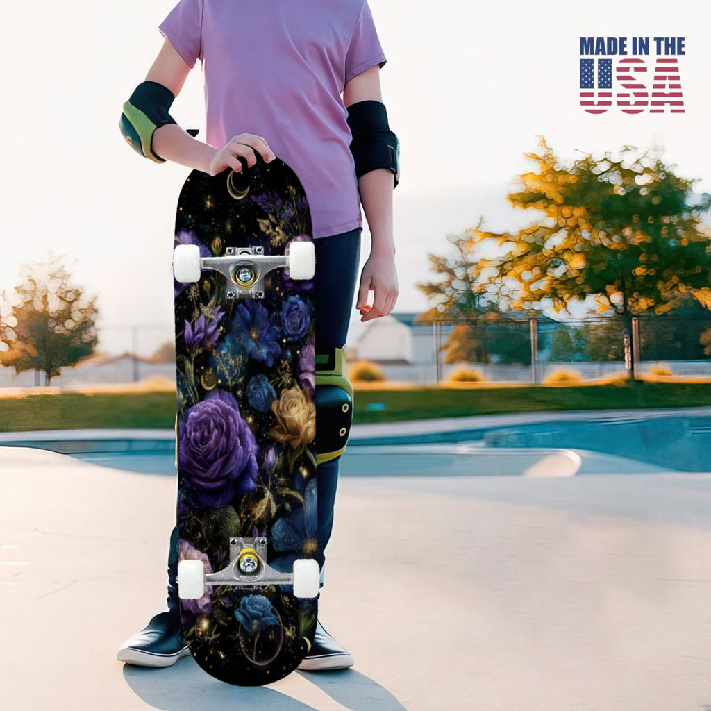 31"x8" Complete Skateboards for Beginners, Ethereal Night Garden Roses Starry Sky Dark Academia Double Kick 7 Ply Canadian Maple Deck Skateboard with Wheels, Gifts for Kids Teens