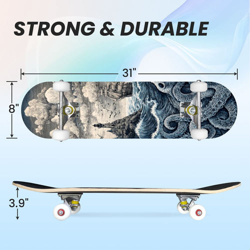 31"x8" Complete Skateboards for Beginners, Blue Deep Sea Sailing Ship Octopus Lighthouse Clouds Ocean Double Kick 7 Ply Canadian Maple Deck Skateboard with Wheels, Gifts for Kids Teens