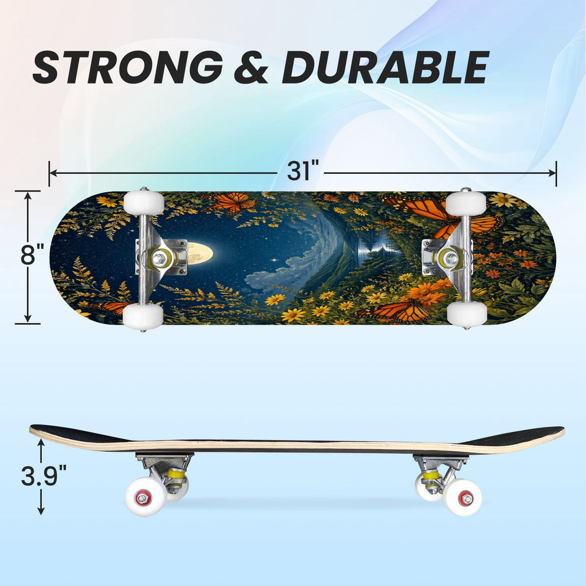 31"x8" Complete Skateboards for Beginners, Blue Moth Moonlight Flowers Mushrooms Forest Double Kick 7 Ply Canadian Maple Deck Skateboard with Wheels, Gifts for Kids Teens