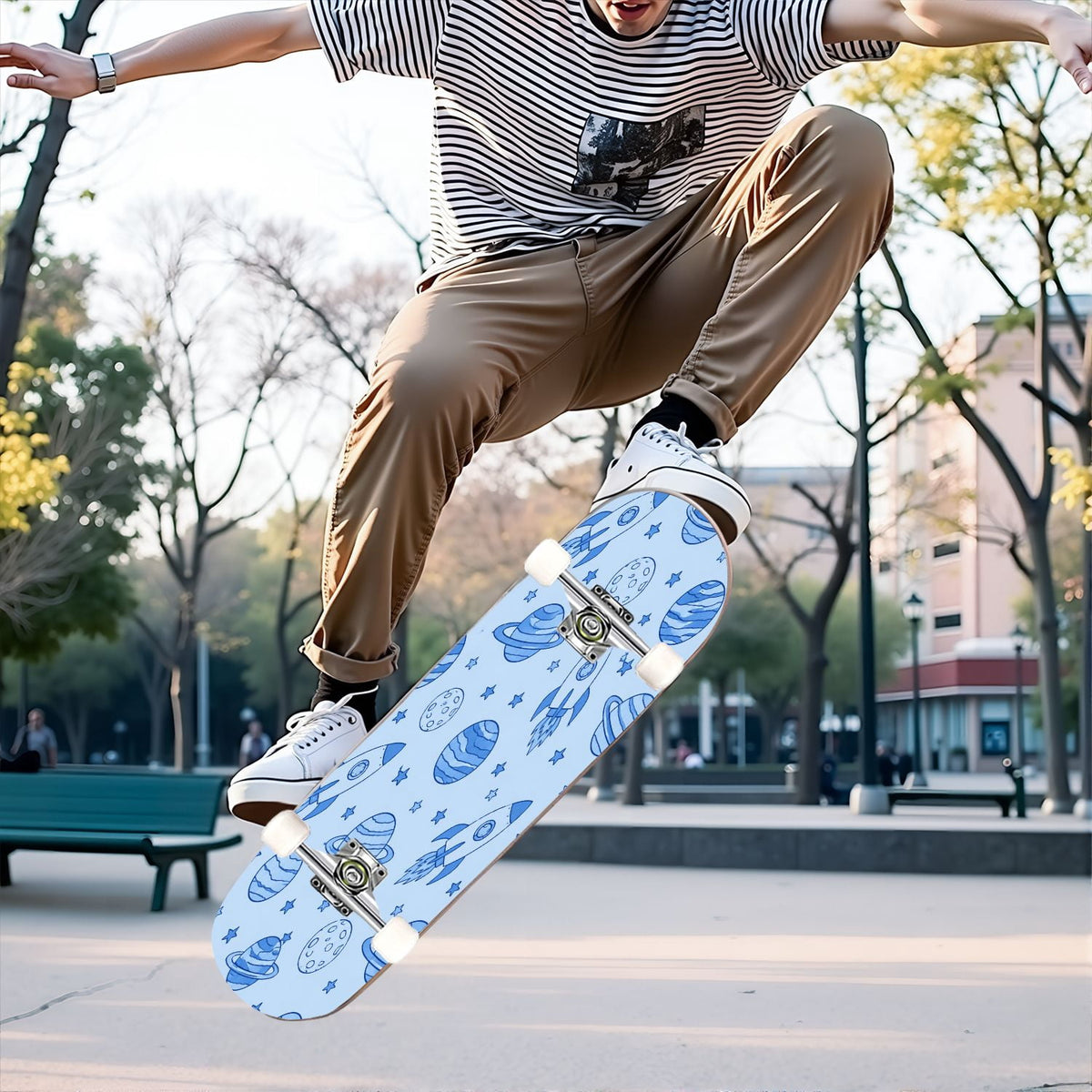 31"x8" Complete Skateboards for Beginners,Blue White Vintage Floral Roses Ornate Swirls Double Kick 7 Ply Canadian Maple Deck Skateboard with Wheels, Gifts for Kids Teens