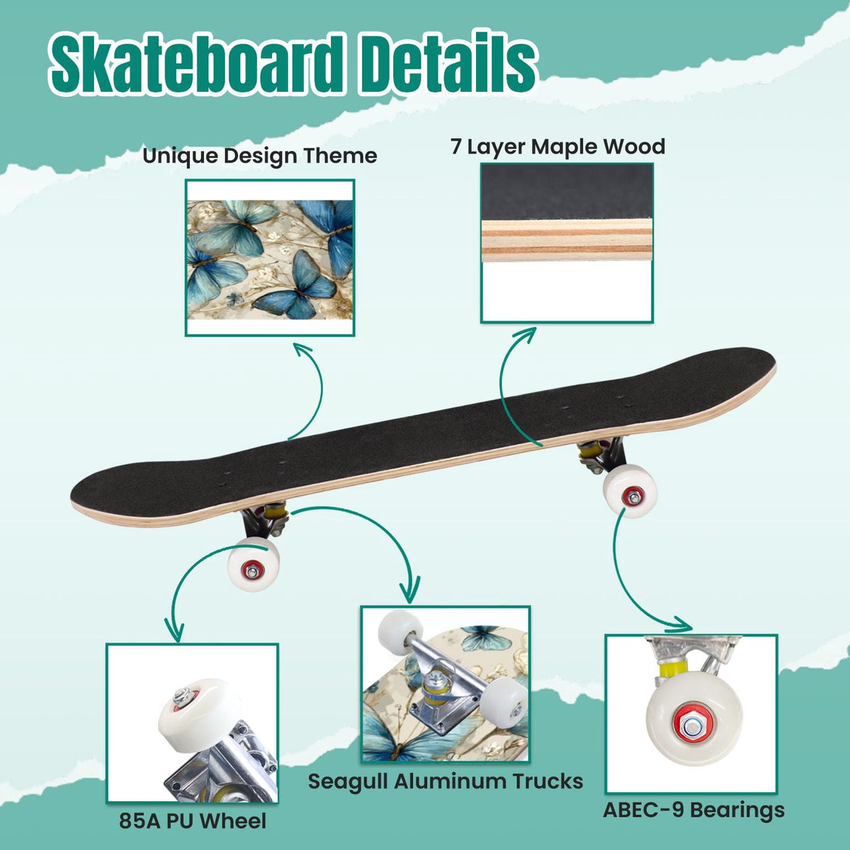 Tropical Jungle Leaf Teal Green Botanical 31" x 8" Complete Skateboard, 7-Ply Canadian Maple Double Kick Trick Board for Kids and Beginners Adult Gifts