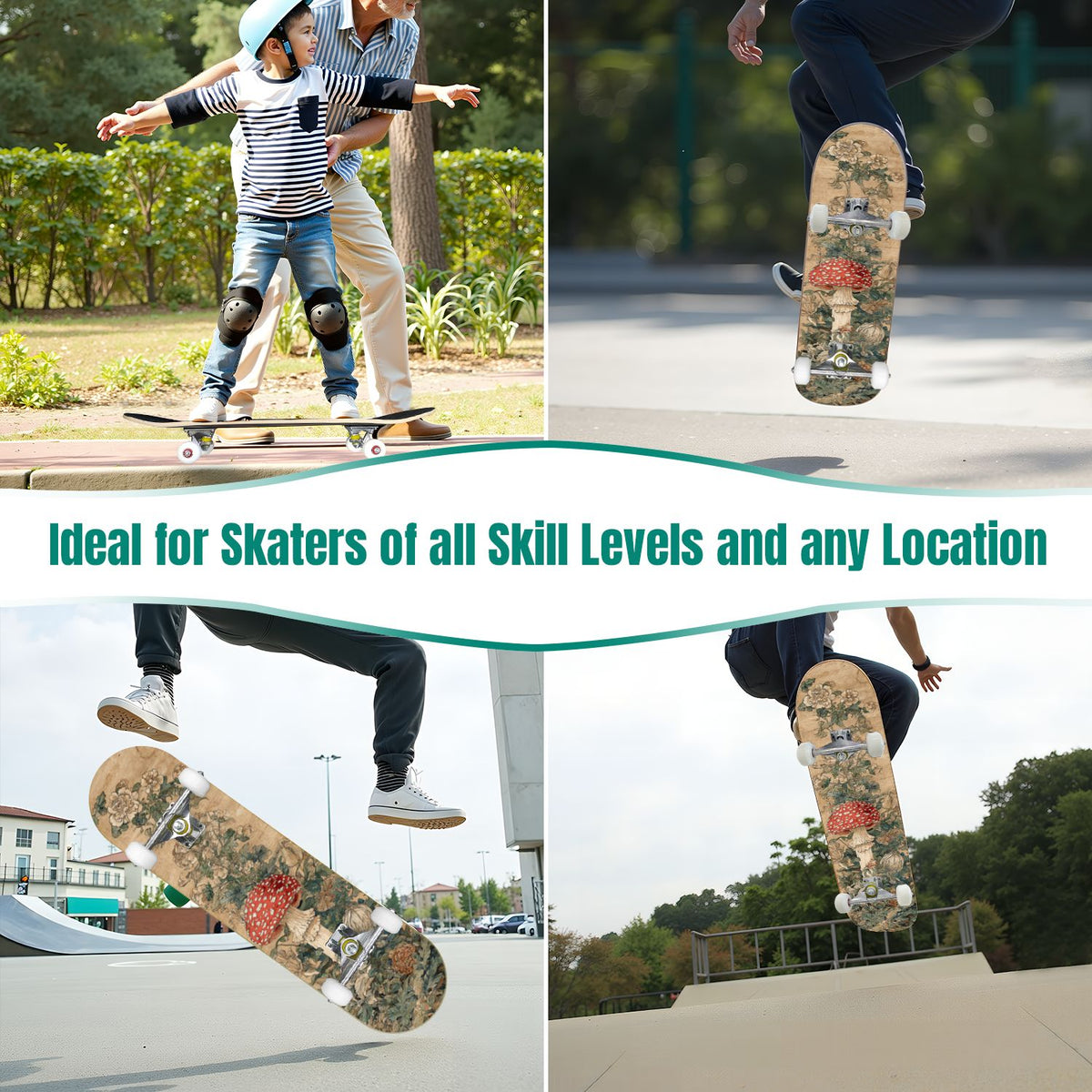 31"x8" poisous plants Mushroom Complete Skateboard for Beginners hand colored vintage retro 7 Layer Maple Deck Double Kick Kids Skateboard with 85A PU Wheels Gifts for Kids Teens
