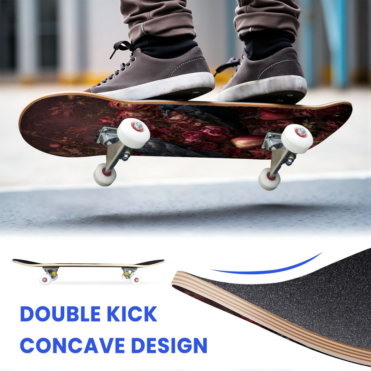 31"x8" Complete Skateboards for Beginners, Romantic Skeletons Blooming Roses Dark Academia Double Kick 7 Ply Canadian Maple Deck Skateboard with Wheels, Gifts for Kids Teens