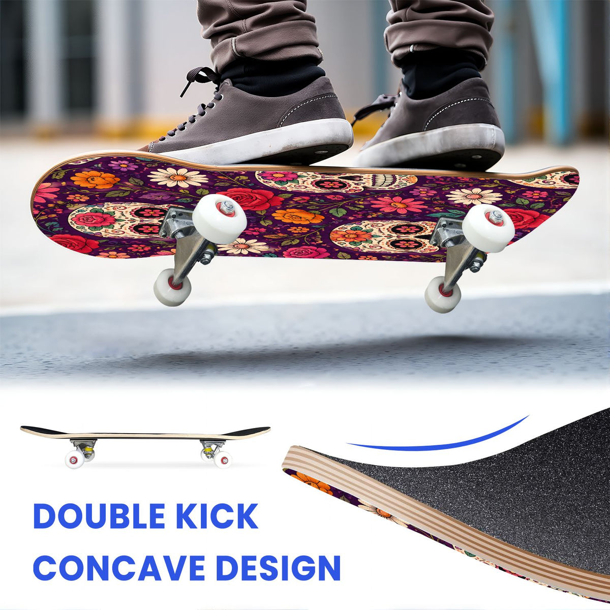 31"x8" Complete Skateboards for Beginners, Colorful Sugar Skulls Floral Patterns Mexican Double Kick 7 Ply Canadian Maple Deck Skateboard with Wheels, Gifts for Kids Teens