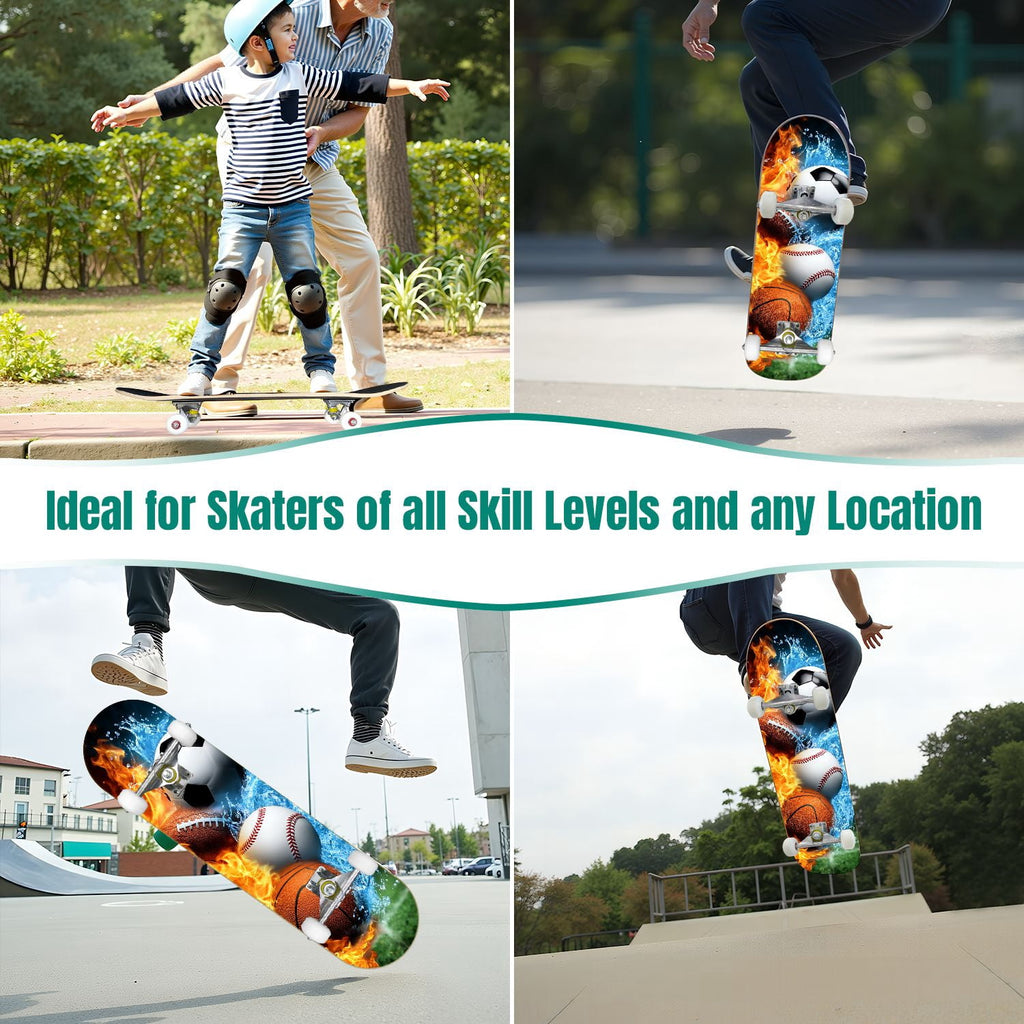31"x8" Complete Skateboards for Beginners,Close up Baseball Red Stitches Leather Double Kick 7 Ply Canadian Maple Deck Skateboard with Wheels, Sports Gifts for Kids Teens