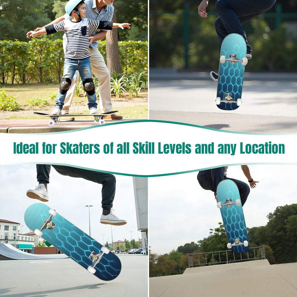 31"x8" Complete Skateboards for Beginners, Honeycomb Futuristic Hexagonal Neon Glowing Orange Light Double Kick 7 Ply Canadian Maple Deck Skateboard with Wheels, Gifts for Kids Teens