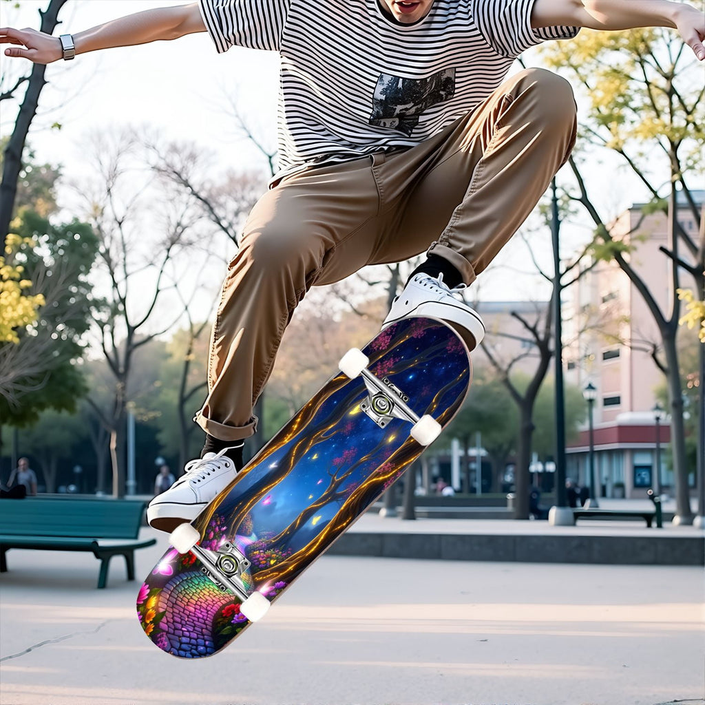 31"x8" Complete Skateboards for Beginners, Magical Forest Glowing Mushrooms Twinkling Fantasy Double Kick 7 Ply Canadian Maple Deck Skateboard with Wheels, Gifts for Kids Teens