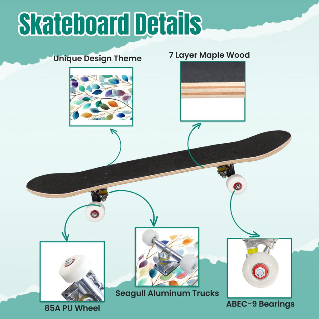 Vibrant Chrysanthemum Floral Bold Pink Purple Blooms 31" x 8" Complete Skateboard, 7-Ply Canadian Maple Double Kick Trick Board for Kids and Beginners Adult Gifts