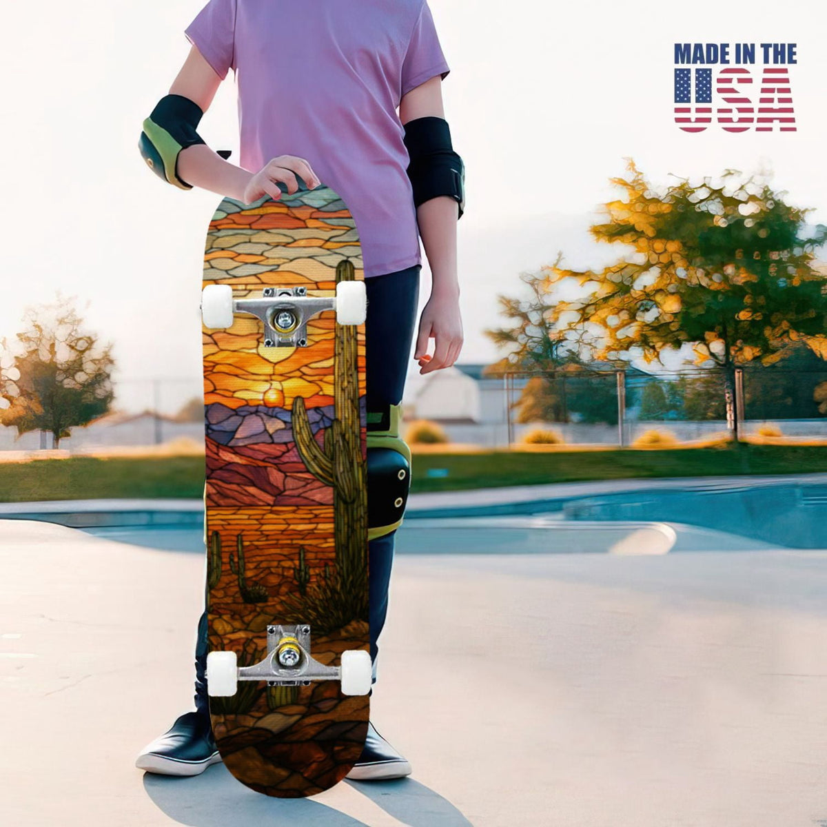 31"x8" Complete Skateboards for Beginners, Vibrant Stained Glass Window Butterflies Flowers Double Kick 7 Ply Canadian Maple Deck Skateboard with Wheels, Gifts for Kids Teens