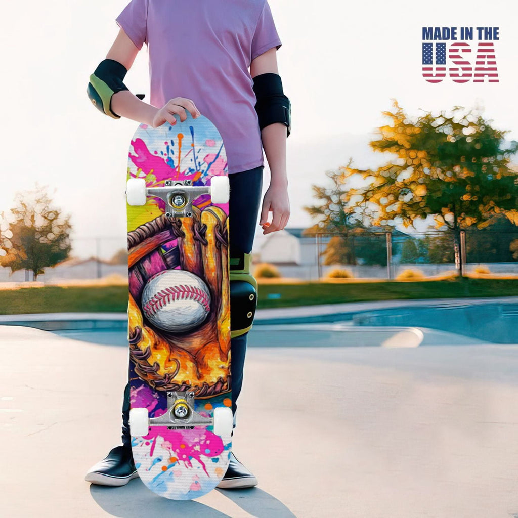 31"x8" Complete Skateboards for Beginners,Vintage Baseball Worn Red Stitches Rustic Double Kick 7 Ply Canadian Maple Deck Skateboard with Wheels, Sports Gifts for Kids Teens