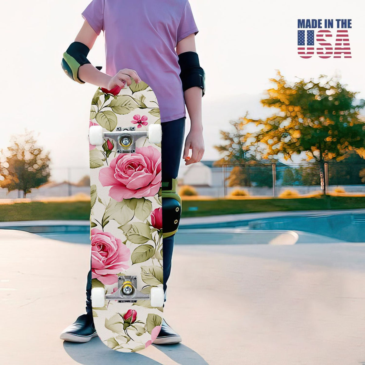 31"x8" Complete Skateboards for Beginners, Elegant Pink Red Roses Green Leaves Dark Double Kick 7 Ply Canadian Maple Deck Skateboard with Wheels, Gifts for Kids Teens
