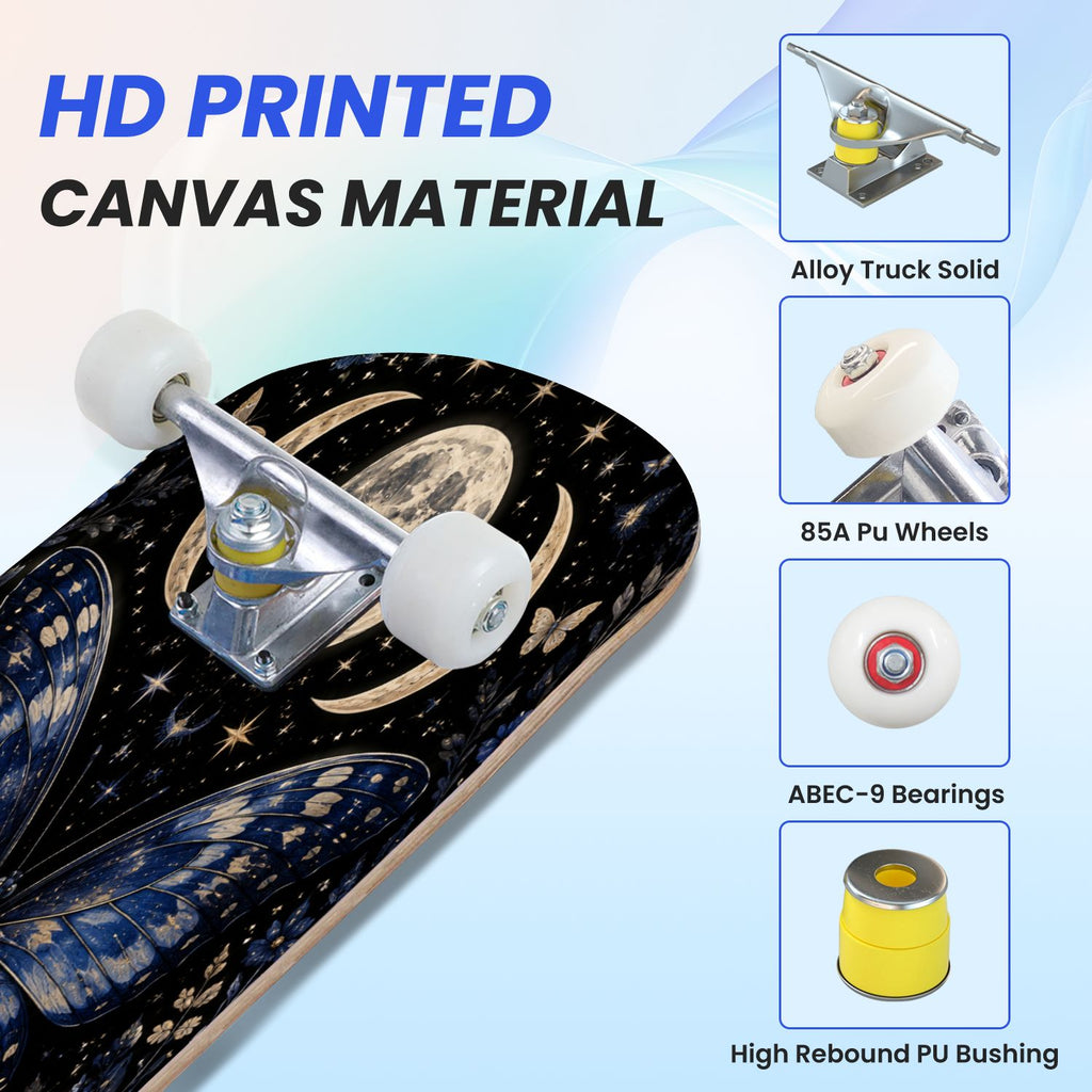 31"x8" Complete Skateboards for Beginners, Colorful Butterfly Blooming Flowers Under Full Moon Starry Double Kick 7 Ply Canadian Maple Deck Skateboard with Wheels, Gifts for Kids Teens