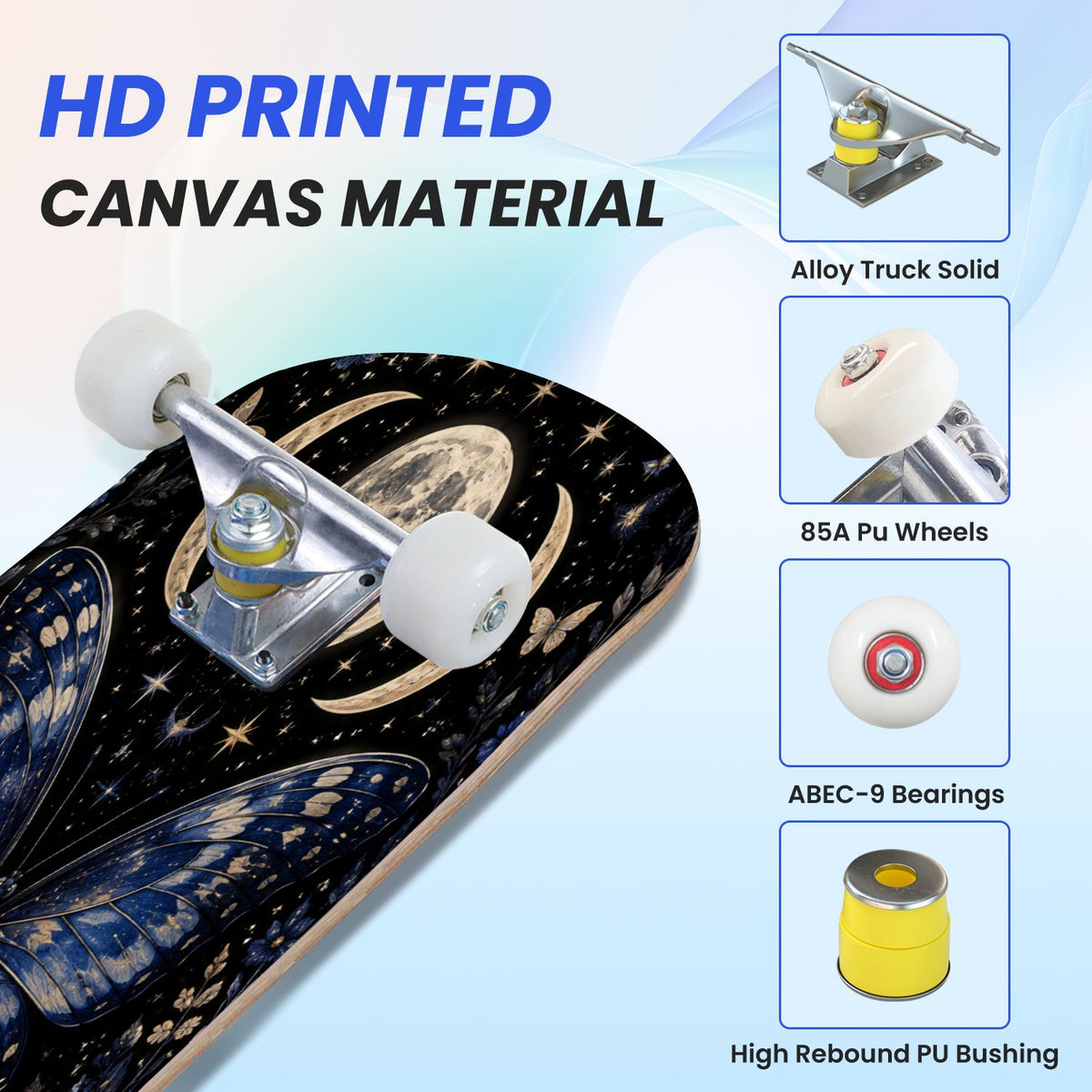 31"x8" Complete Skateboards for Beginners, Colorful Butterfly Blooming Flowers Under Full Moon Starry Double Kick 7 Ply Canadian Maple Deck Skateboard with Wheels, Gifts for Kids Teens