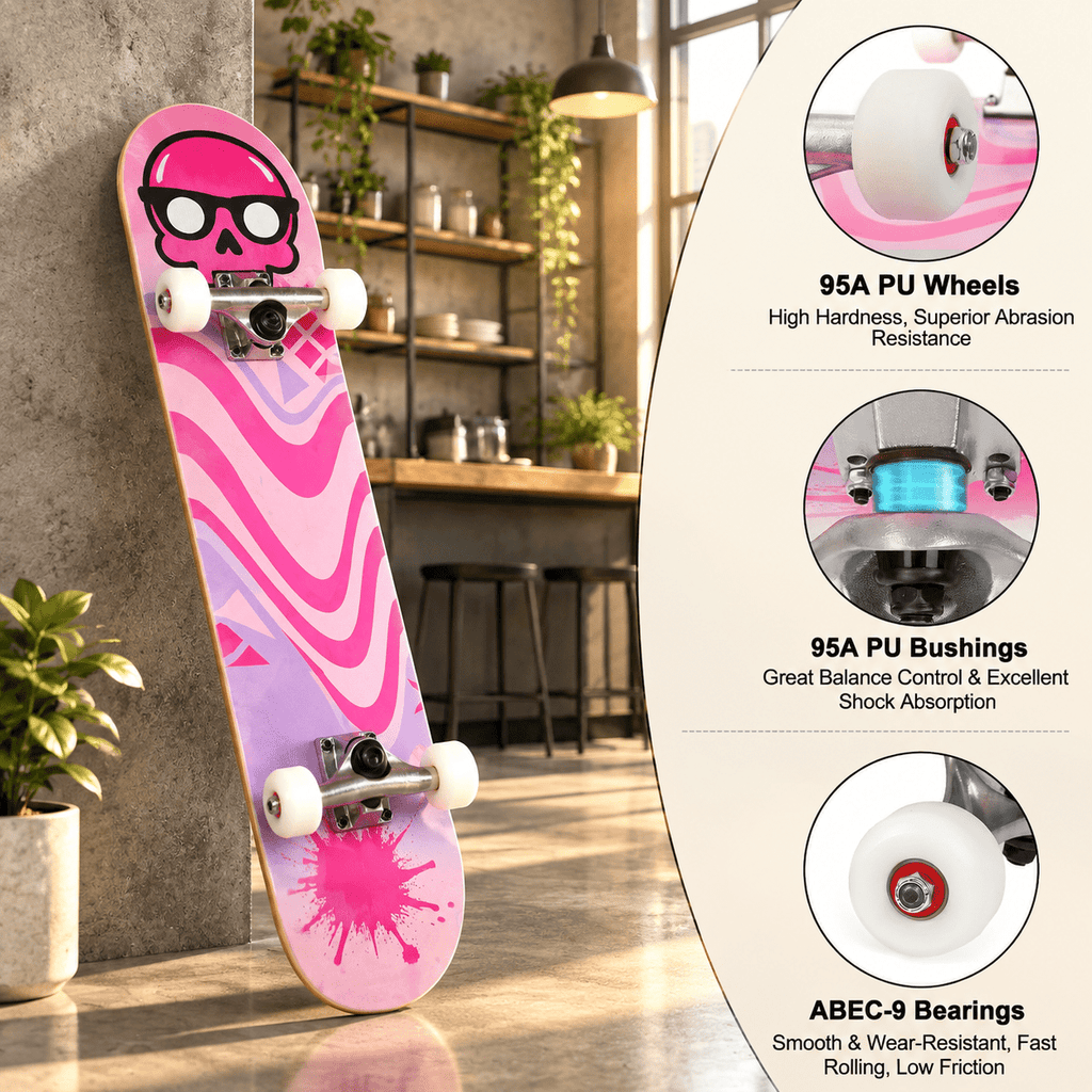 Checkerbot 31"x8" Standard Complete Skateboard with 7 Layer Canadian Maple for Beginners Adults Teens