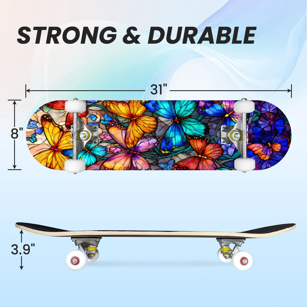 31"x8" Complete Skateboards for Beginners, Vibrant Stained Glass Window Butterflies Flowers Double Kick 7 Ply Canadian Maple Deck Skateboard with Wheels, Gifts for Kids Teens