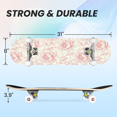 31"x8" Complete Skateboards for Beginners, Seamless Pink Peony Floral Cream Double Kick 7 Ply Canadian Maple Deck Skateboard with Wheels, Gifts for Girls Teens