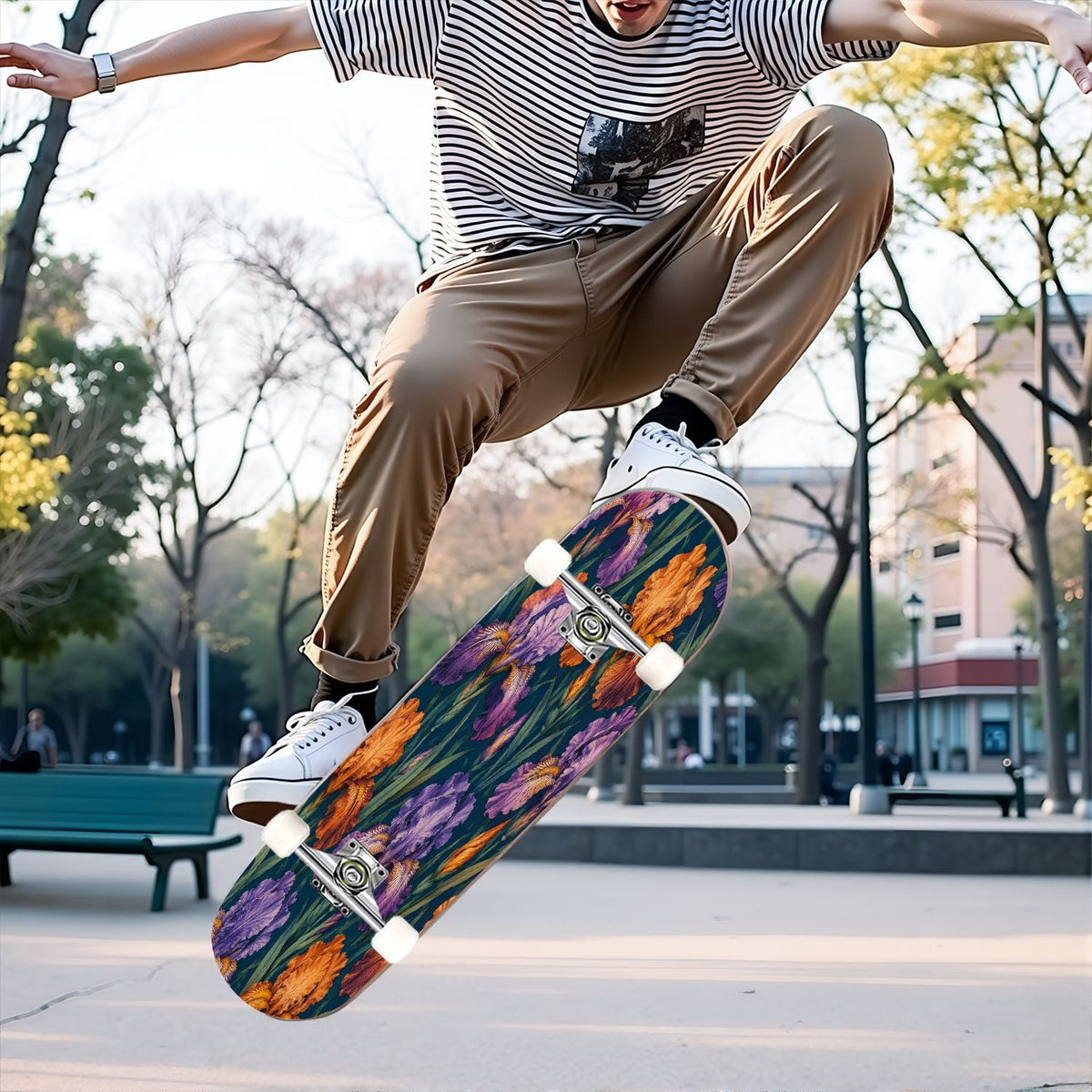 31"x8" Complete Skateboards for Beginners, Vibrant Purple Teal Floral Artwork Golden Accents Vintage Double Kick 7 Ply Canadian Maple Deck Skateboard with Wheels, Gifts for Kids Teens