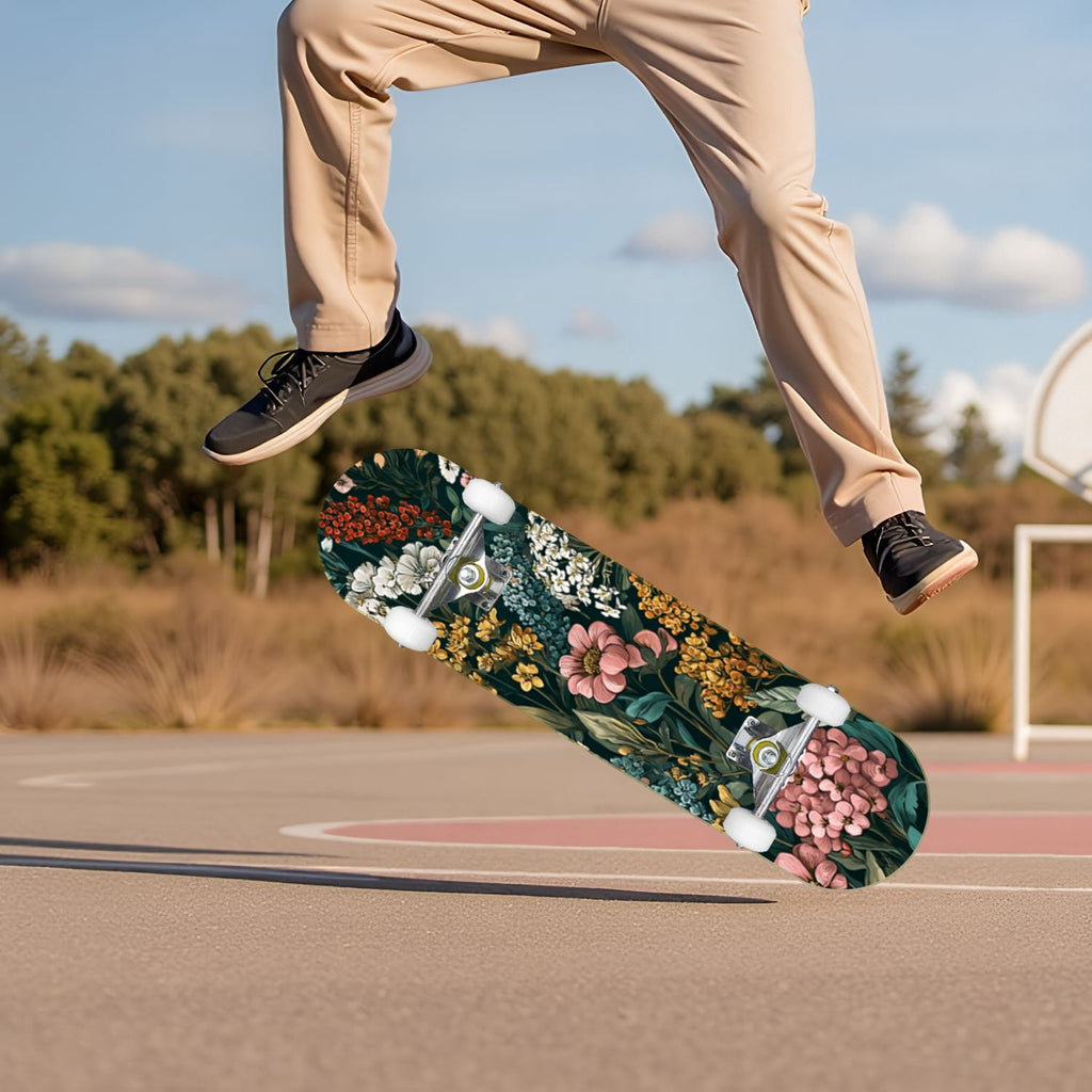 Vibrant Chrysanthemum Floral Bold Pink Purple Blooms 31" x 8" Complete Skateboard, 7-Ply Canadian Maple Double Kick Trick Board for Kids and Beginners Adult Gifts