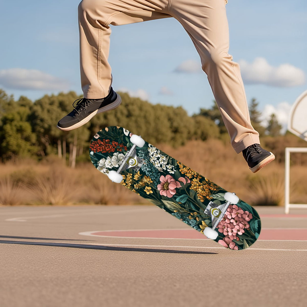 Vibrant Chrysanthemum Floral Bold Pink Purple Blooms 31" x 8" Complete Skateboard, 7-Ply Canadian Maple Double Kick Trick Board for Kids and Beginners Adult Gifts