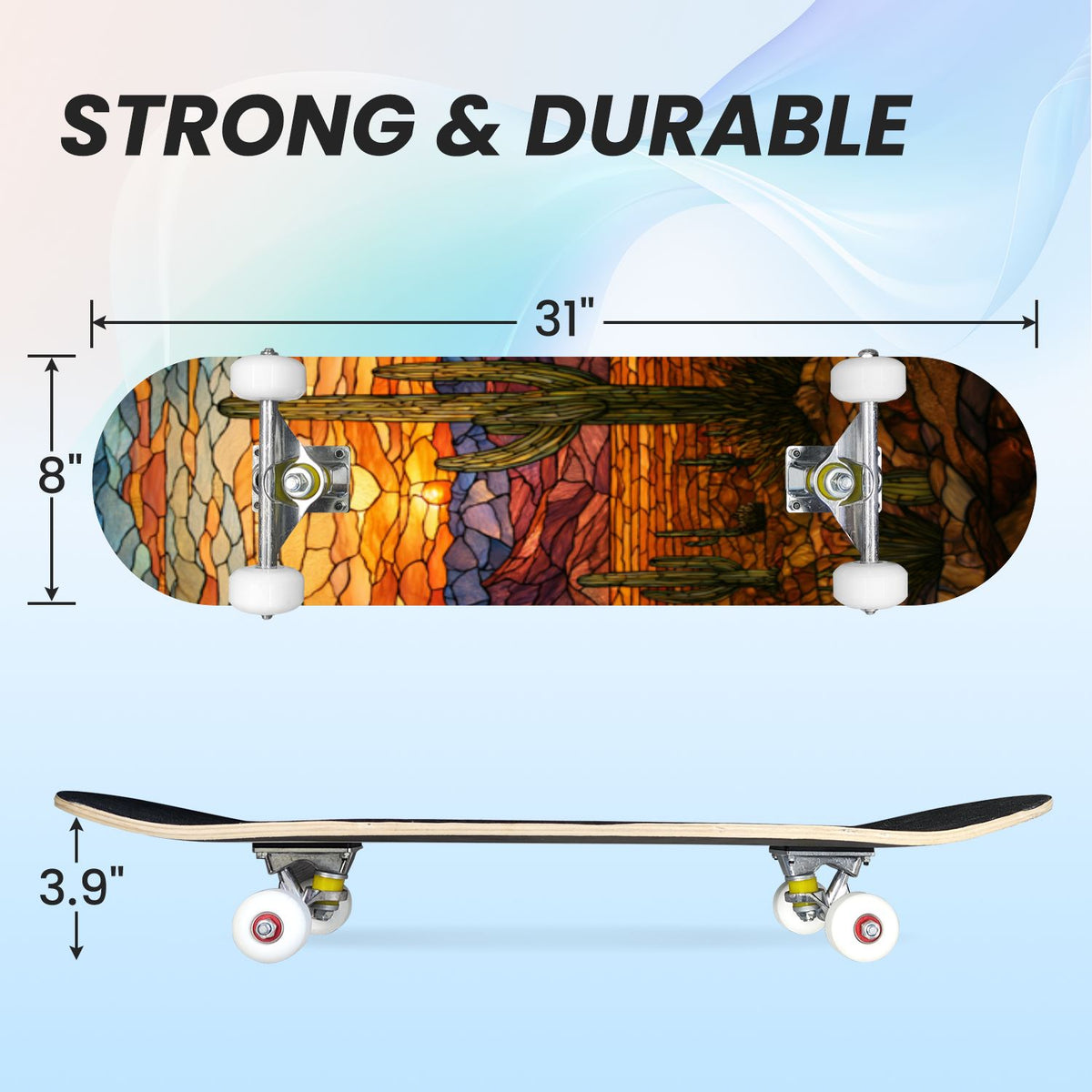 31"x8" Complete Skateboards for Beginners, Vibrant Stained Glass Window Butterflies Flowers Double Kick 7 Ply Canadian Maple Deck Skateboard with Wheels, Gifts for Kids Teens