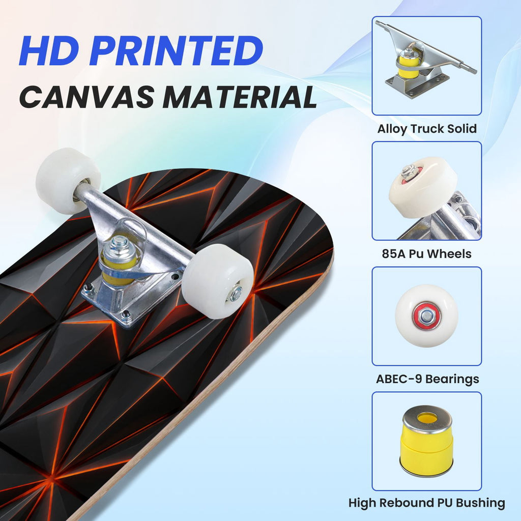 31"x8" Complete Skateboards for Beginners, Abstract Geometric Vibrant Neon Line Accents Dark Futuristic Double Kick 7 Ply Canadian Maple Deck Skateboard with Wheels, Gifts for Boys Teens