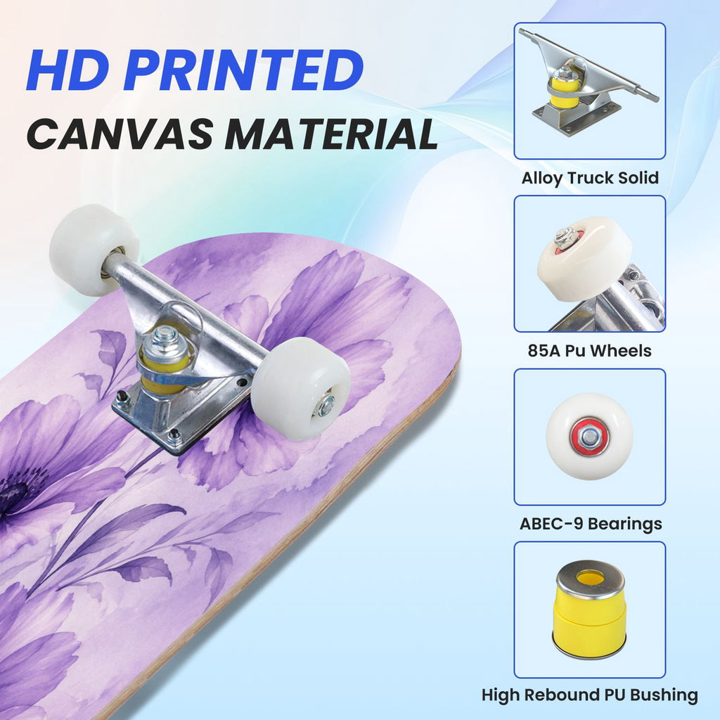 31"x8" Complete Skateboards for Beginners, Colorful Mushroom Floral Magical Night Forest Vintage Double Kick 7 Ply Canadian Maple Deck Skateboard with Wheels, Gifts for Kids Teens