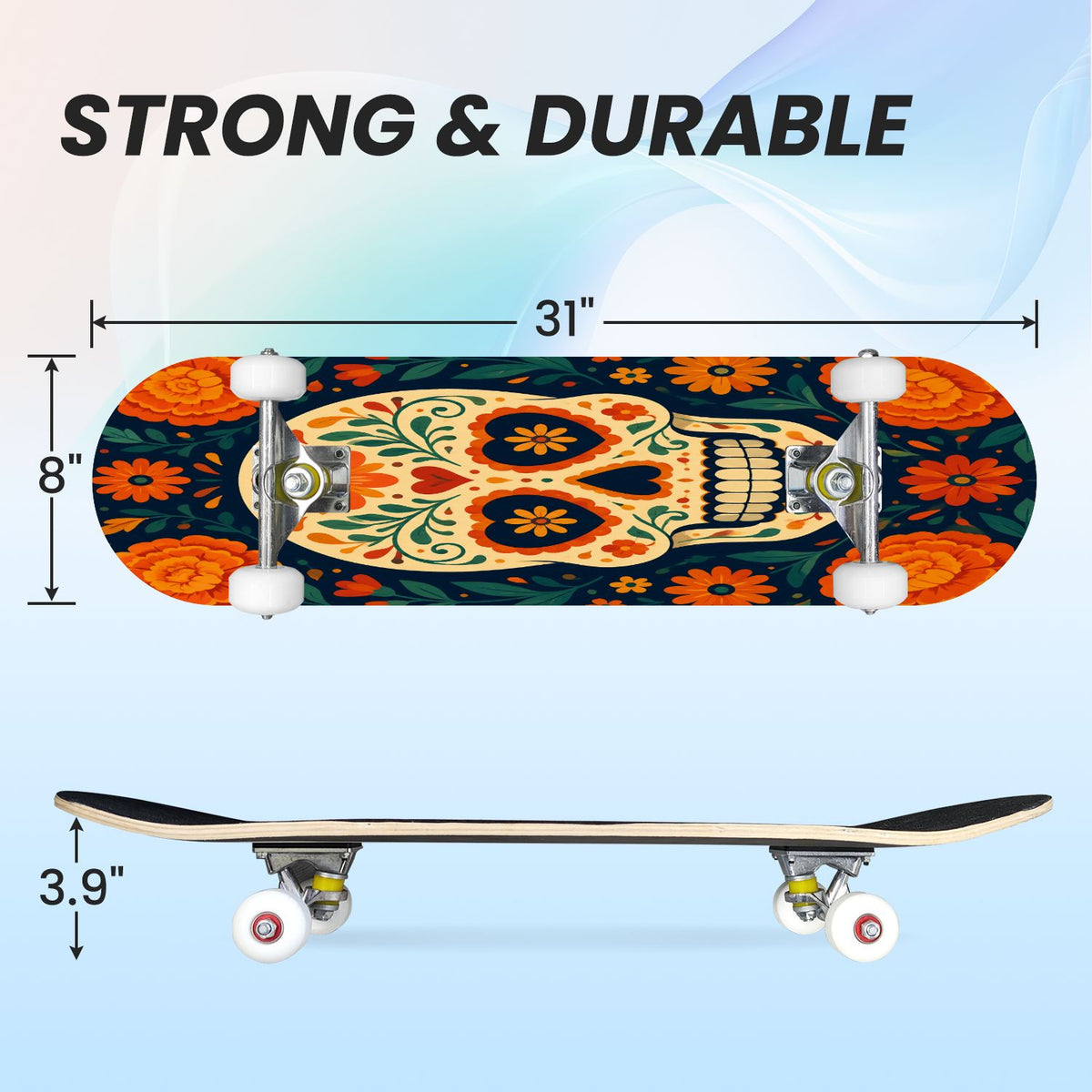 31"x8" Complete Skateboards for Beginners, Colorful Sugar Skull Vibrant Floral Day of the Dead Double Kick 7 Ply Canadian Maple Deck Skateboard with Wheels, Gifts for Kids Teens