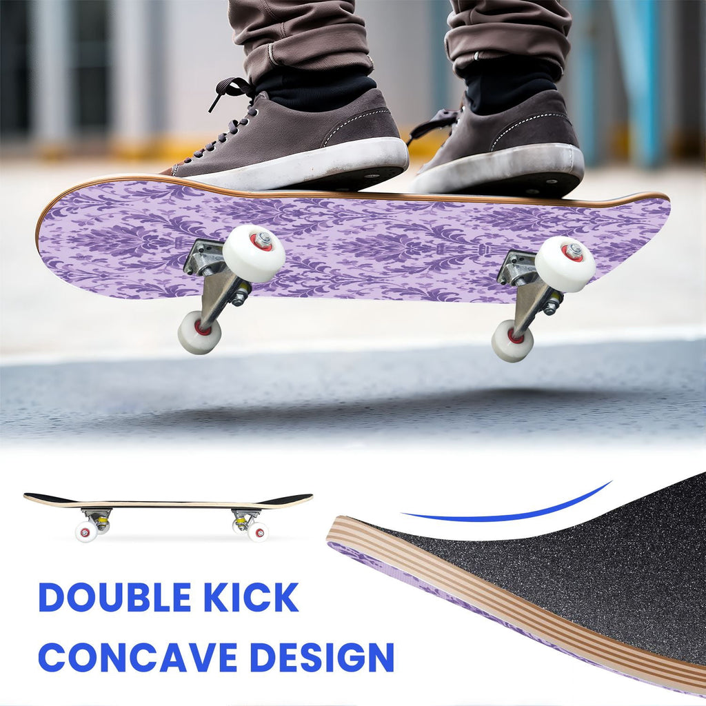 31"x8" Complete Skateboards for Beginners, Vibrant Purple Teal Floral Artwork Golden Accents Vintage Double Kick 7 Ply Canadian Maple Deck Skateboard with Wheels, Gifts for Kids Teens