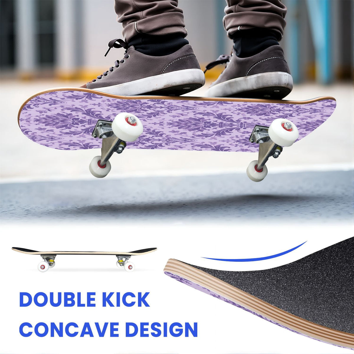 31"x8" Complete Skateboards for Beginners, Vibrant Purple Teal Floral Artwork Golden Accents Vintage Double Kick 7 Ply Canadian Maple Deck Skateboard with Wheels, Gifts for Kids Teens