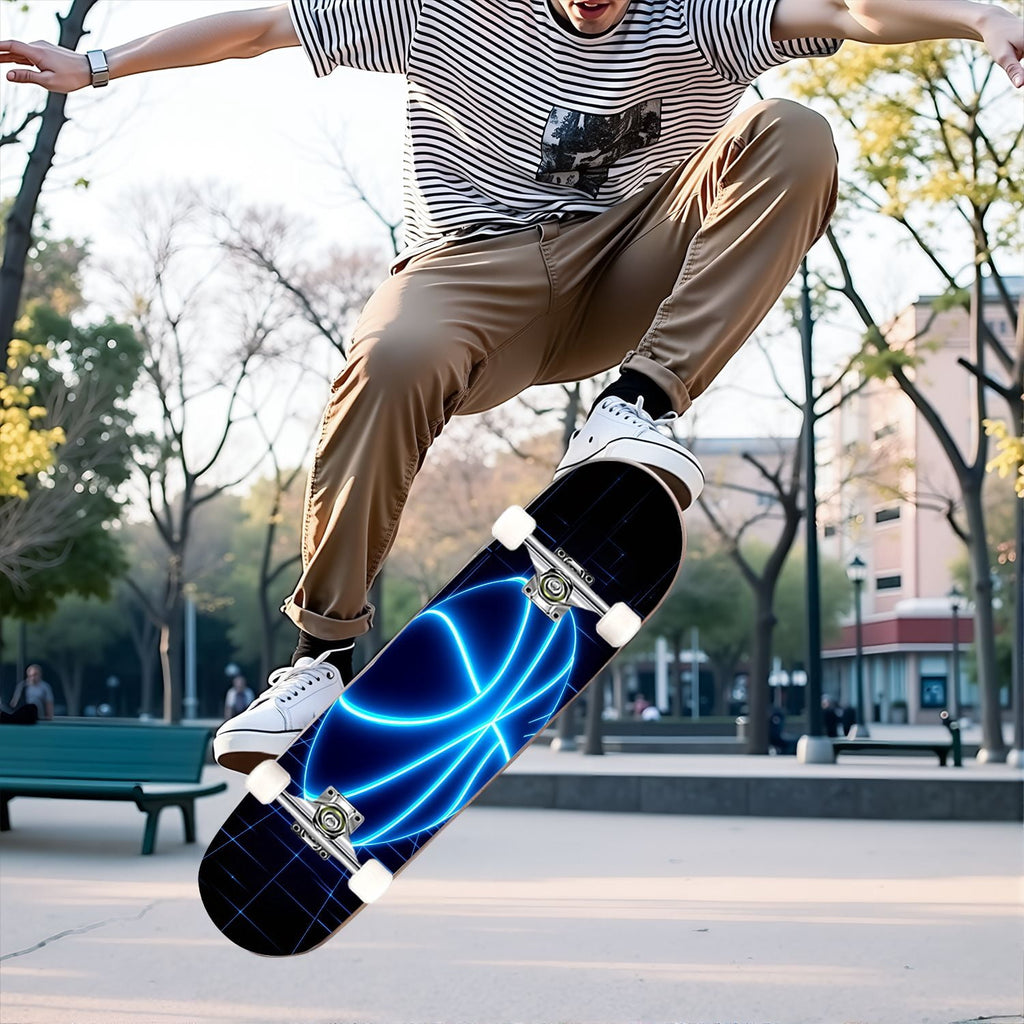 31"x8" Complete Skateboards for Beginners, Honeycomb Futuristic Hexagonal Neon Glowing Orange Light Double Kick 7 Ply Canadian Maple Deck Skateboard with Wheels, Gifts for Kids Teens