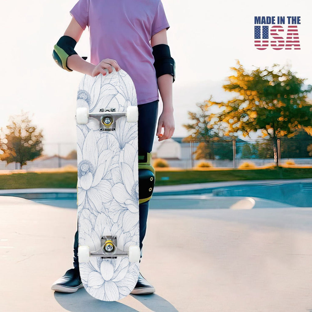 31"x8" Complete Skateboards for Beginners,Blue Botanical Leaf White Double Kick 7 Ply Canadian Maple Deck Skateboard with Wheels, Gifts for Kids Teens