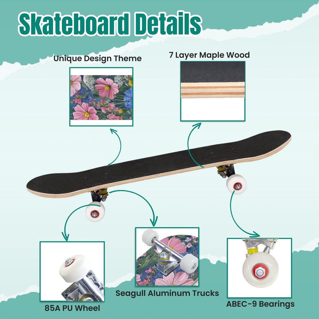 Monstera Leaves Leopard Print Seamless Earth Tones 31" x 8" Complete Skateboard, 7-Ply Canadian Maple Double Kick Trick Board for Kids and Beginners Adult Gifts