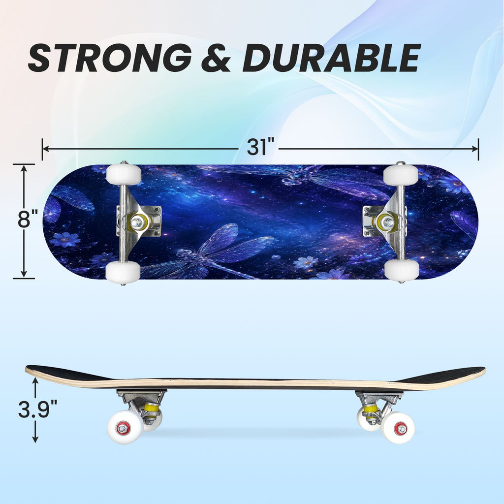 31"x8" Complete Skateboards for Beginners, Blue Moth Moonlight Flowers Mushrooms Forest Double Kick 7 Ply Canadian Maple Deck Skateboard with Wheels, Gifts for Kids Teens