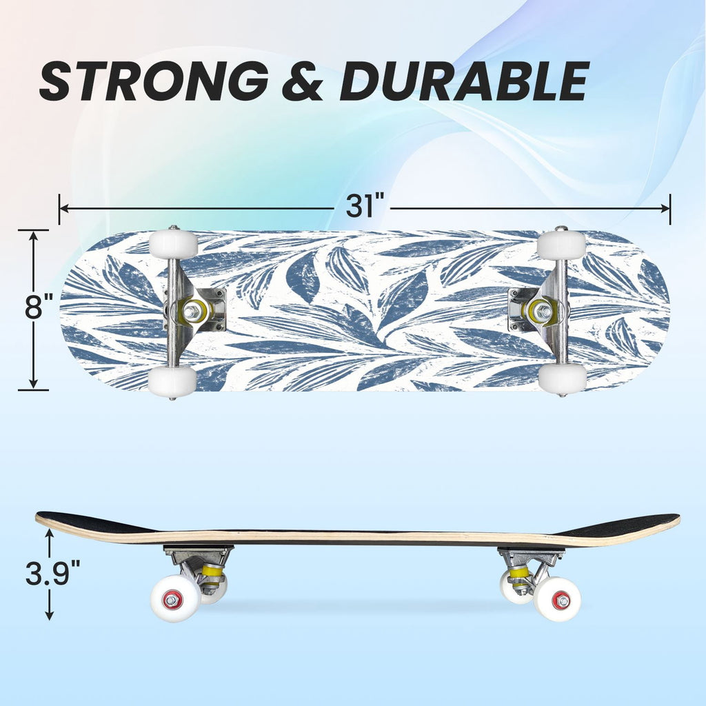 31"x8" Complete Skateboards for Beginners,Blue Flowers Crystals Seamless Watercolor Double Kick 7 Ply Canadian Maple Deck Skateboard with Wheels, Gifts for Kids Teens