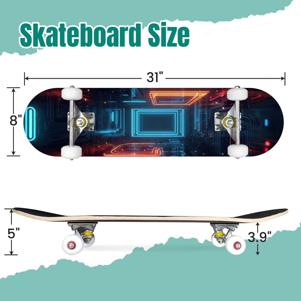 Glowing Futuristic Cubic Tunnel Metallic Tiles Bright Light 31" x 8" Complete Skateboard, 7-Ply Canadian Maple Double Kick Trick Board for Kids and Beginners Adult Gifts